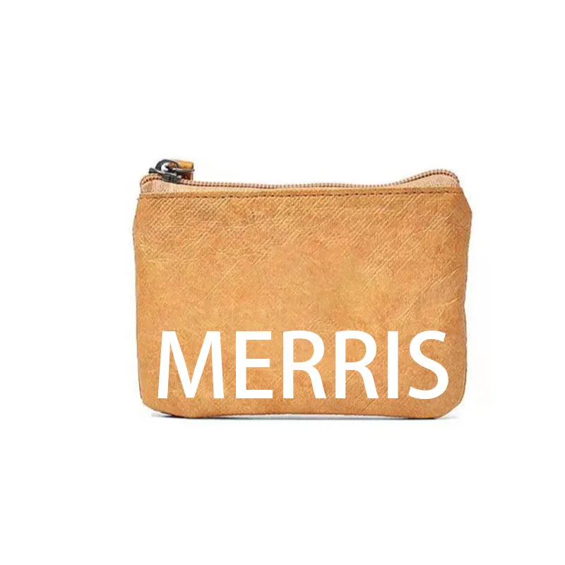 Tan Tyvek cosmetic bag detail - Texture and logo printing quality for custom manufacturing