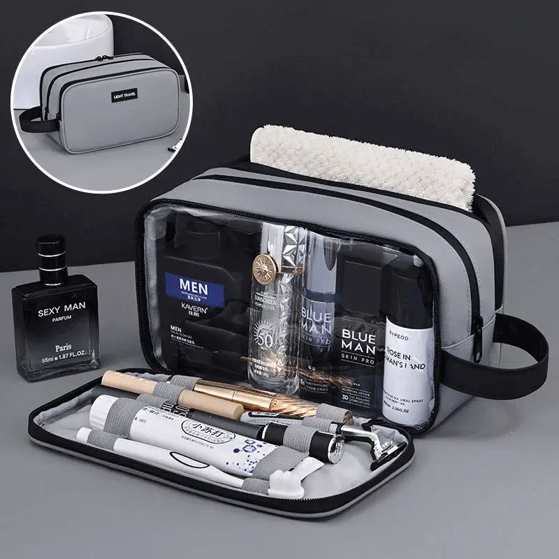Three-layer toiletry bag open view - Transparent compartment systems showing manufacturing precision for wholesale travel accessory production