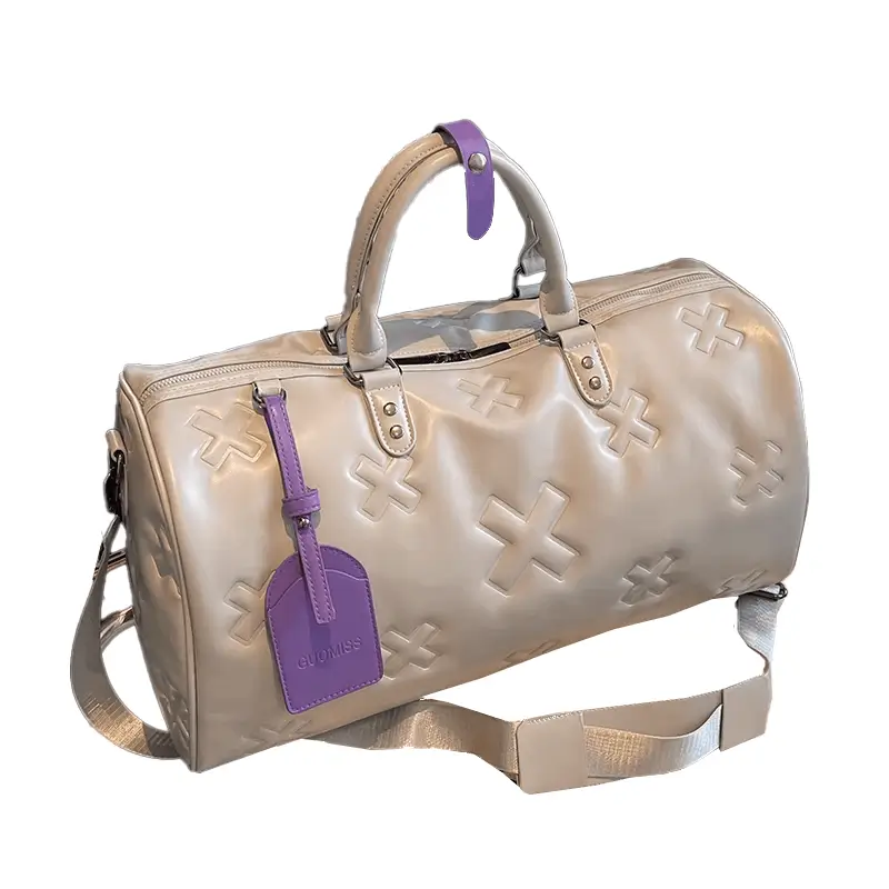 Expandable leather weekender duffel bag manufacturer - Light gray cross-embossed design for OEM luxury bag production