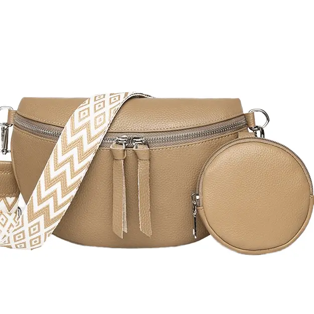 Casual waist bag manufacturer - Khaki pebbled leather collection with detachable pouch for custom OEM production
