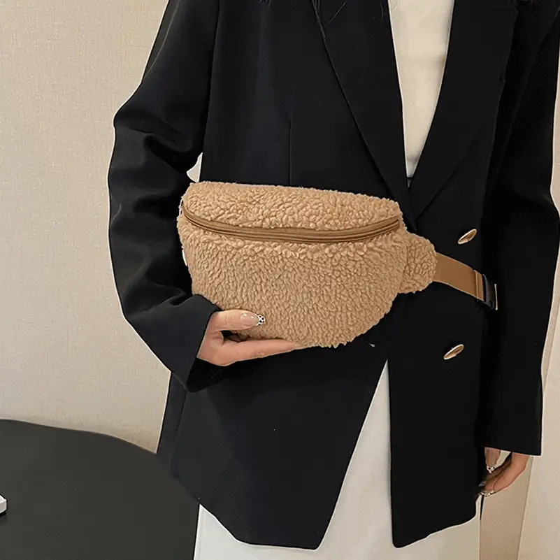 Faux fur waist bag front view - OEM manufacturing precision for wholesale luxury accessories showing versatile wearing styles