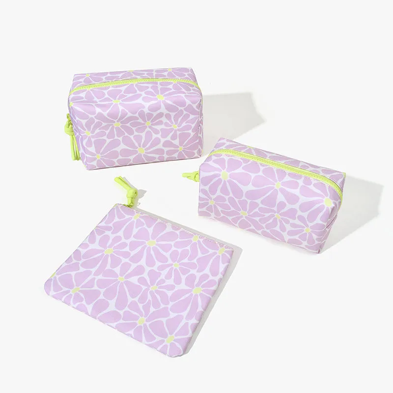 Canvas cosmetic bag manufacturer - 3-piece lavender daisy print canvas makeup bags with neon green zippers for custom OEM production