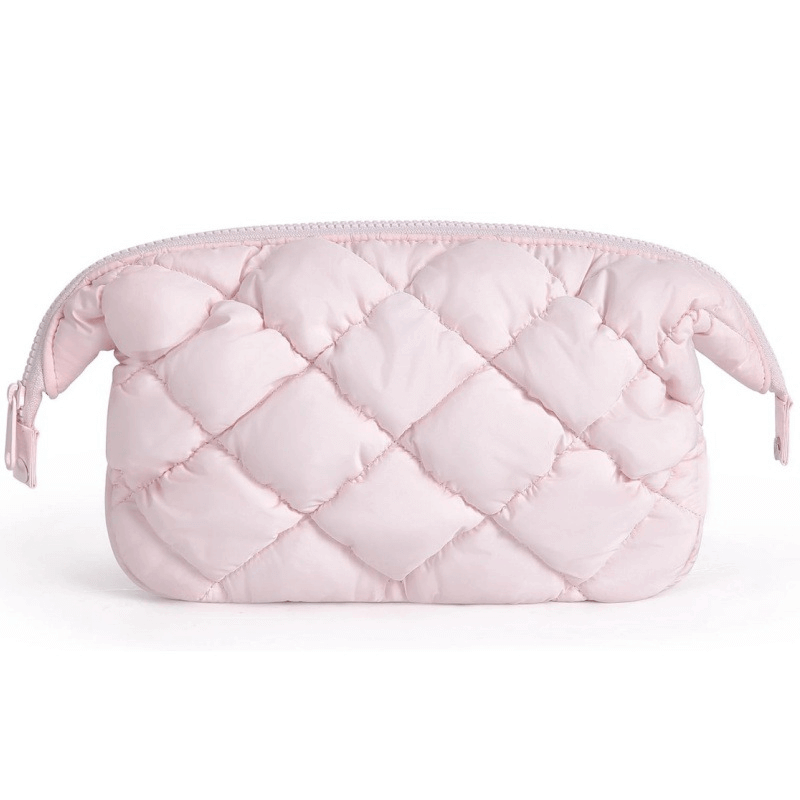 Fluffy cosmetic bag side view - Quilted design for OEM production