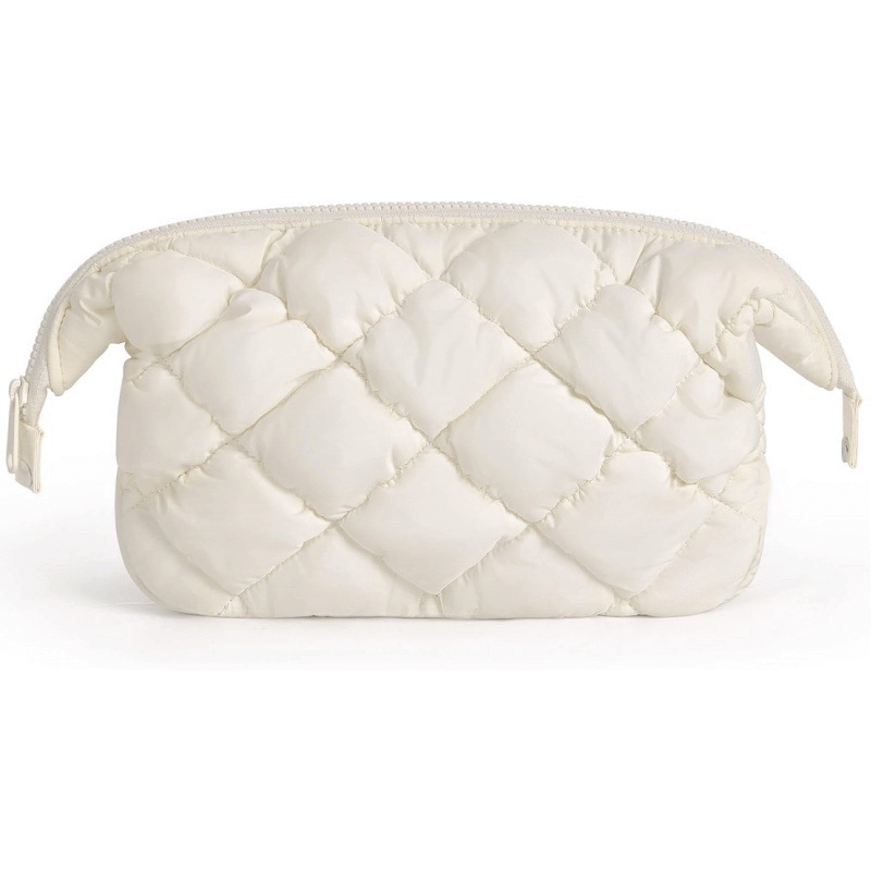 Fluffy cosmetic bag front view - Light khaki color for custom manufacturing