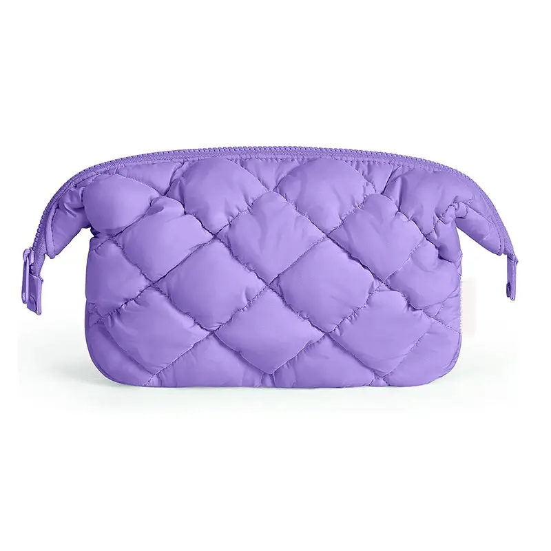 Fluffy cosmetic bag close-up - Quilted stitching detail for wholesale distribution