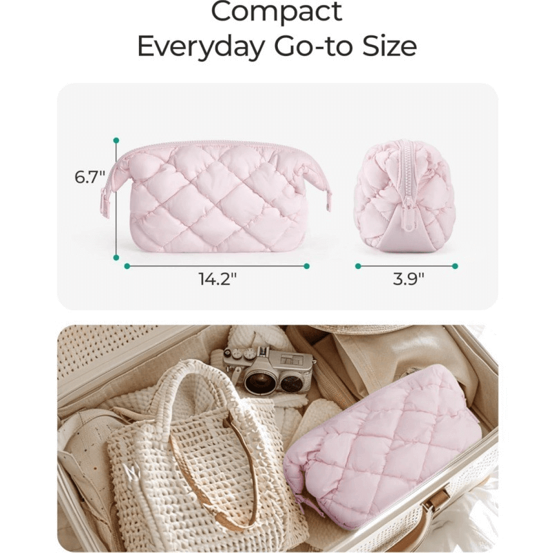 Fluffy Cosmetic Bag Manufacturer - Light khaki quilted makeup bag with soft texture