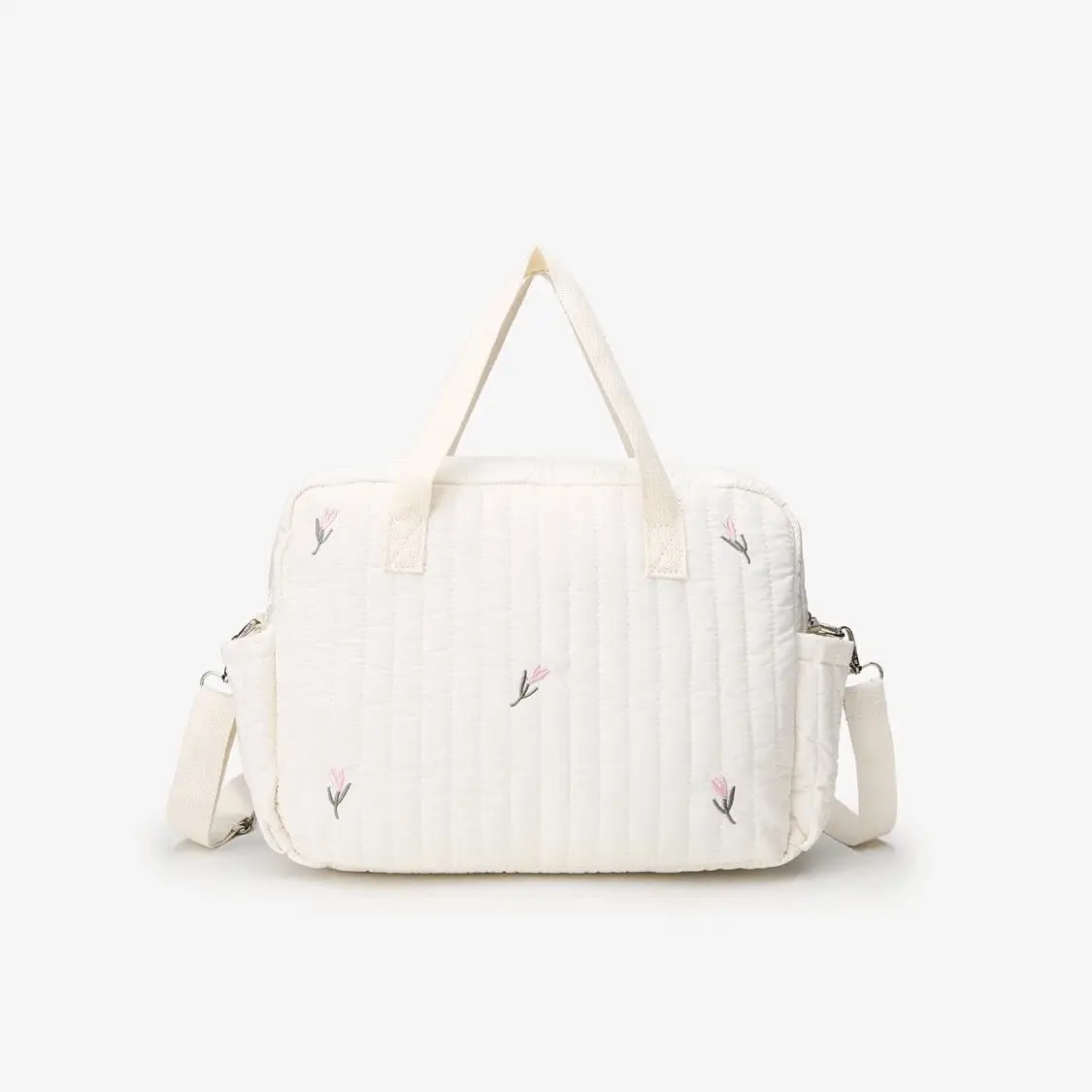 Cream bag with pink flower embroidery - Feminine design for mommy bag factory production and wholesale baby products