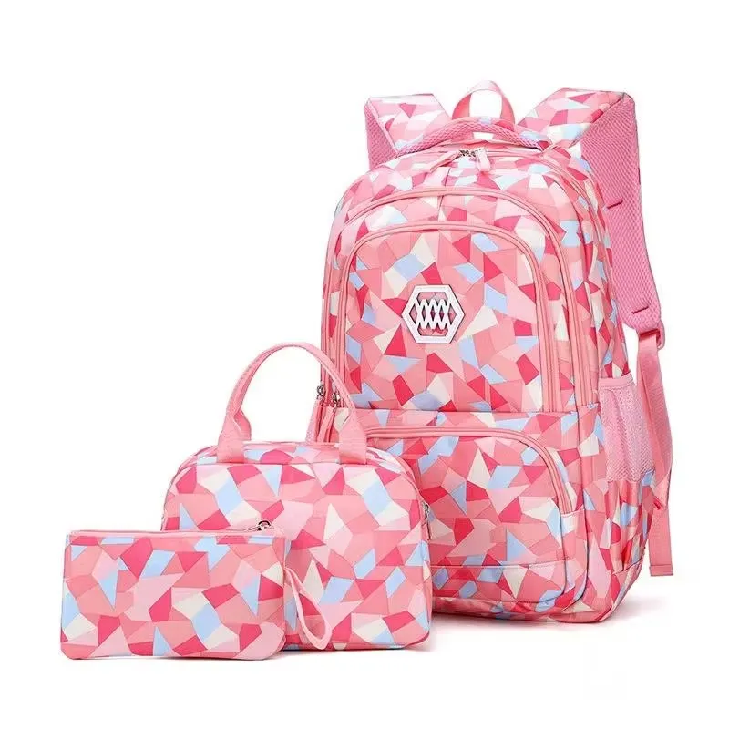 Geometric pattern nylon backpack 3-piece set - professional OEM manufacturer of school backpack sets