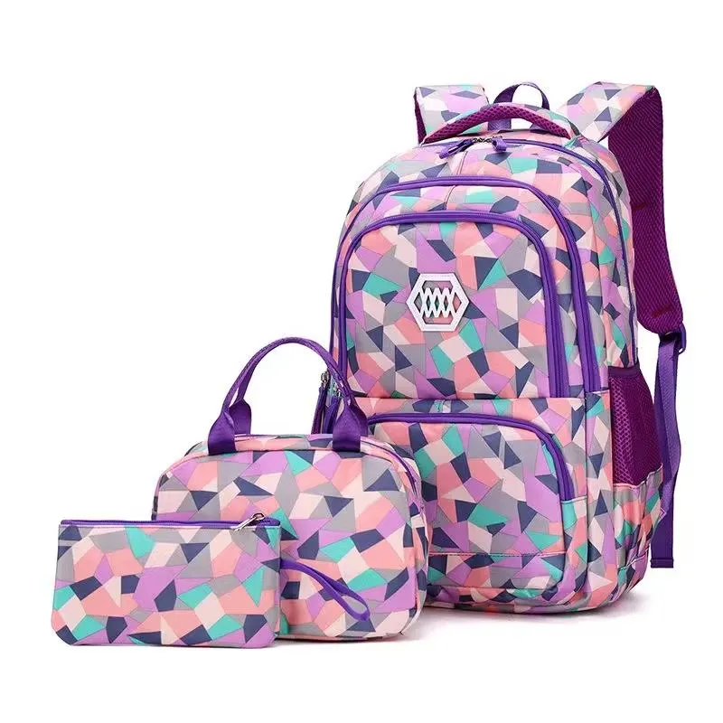 Complete set showing coordinated geometric design - custom backpack set factory production
