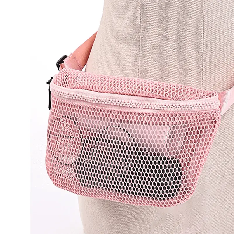 Mesh waist bag pink wearing view - Custom manufacturing quality for wholesale athletic accessories showing ergonomic fit