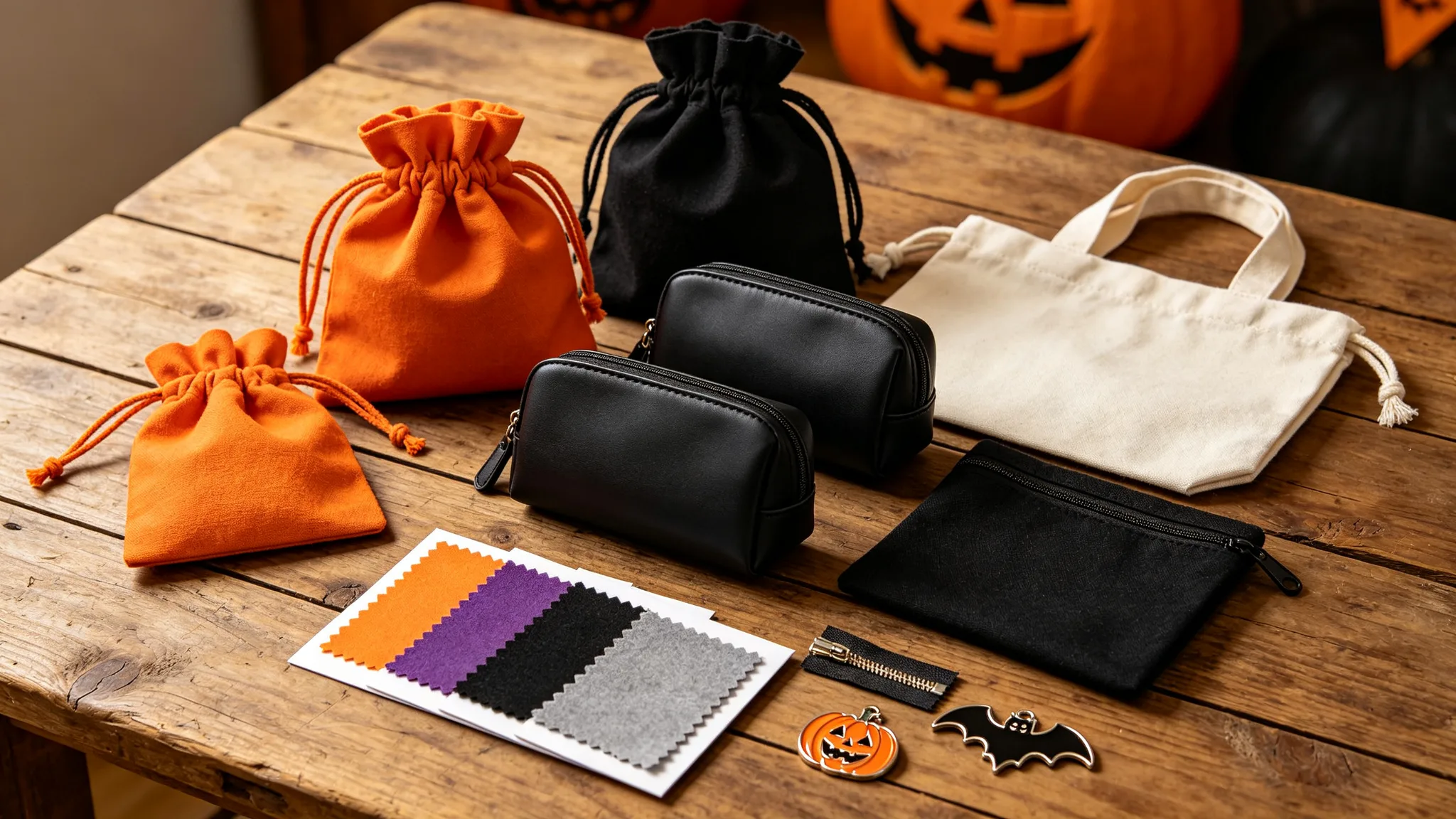 Flat lay of Halloween wholesale bags: orange cotton drawstring candy bags, black PU cosmetic pouches, canvas goodie bags with fabric swatch cards and pumpkin charms