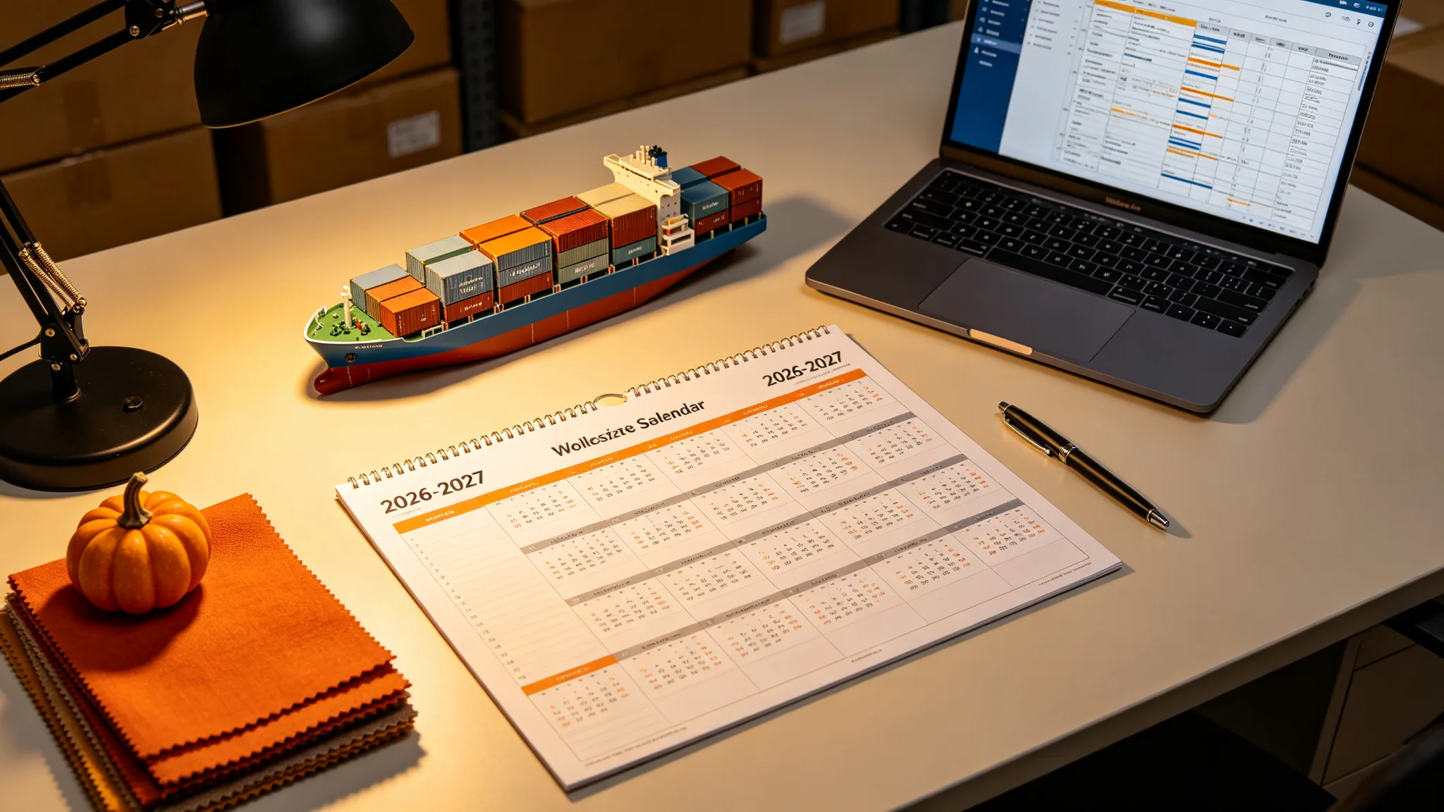 Office desk with a 2026-2027 wall calendar, container ship model, laptop production schedule, and orange fabric swatches for seasonal bag planning