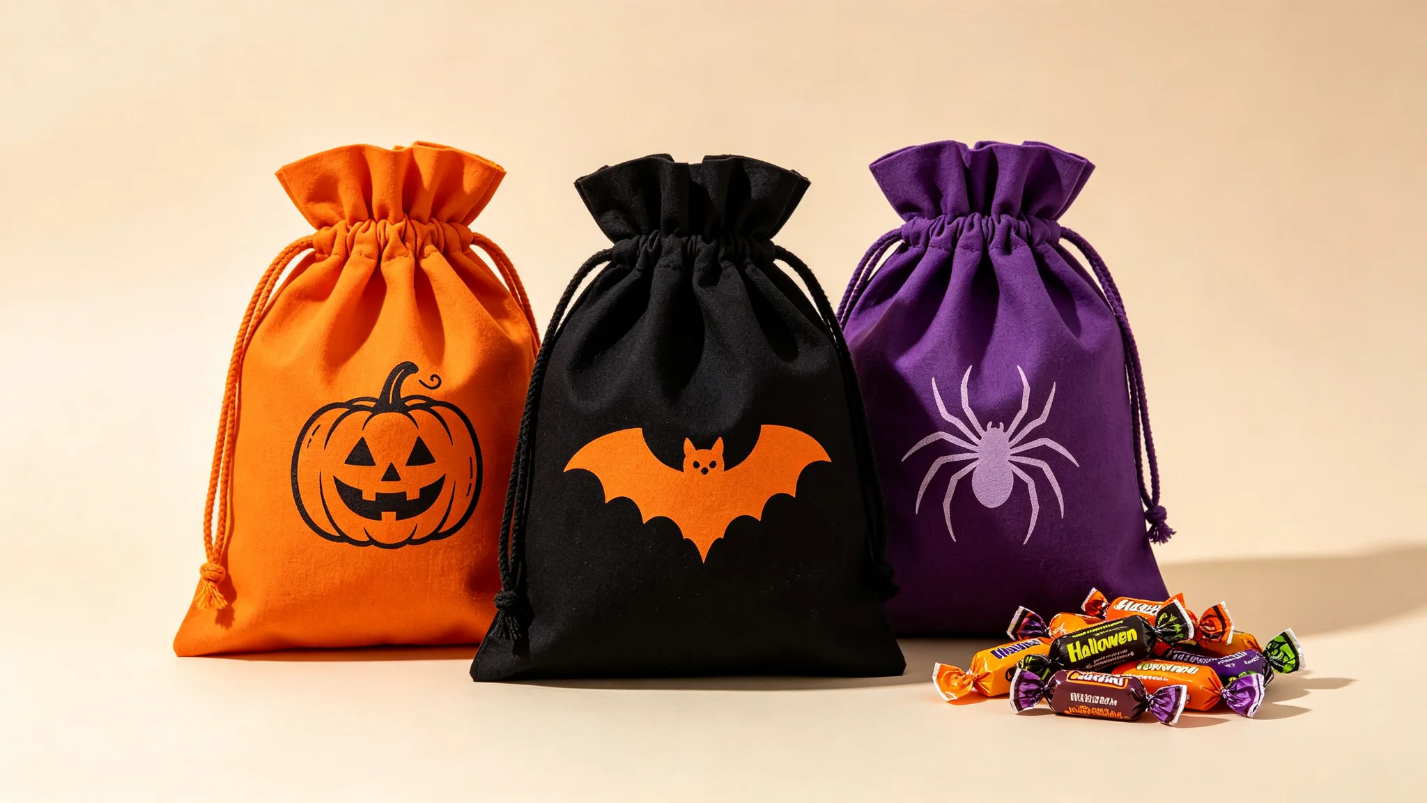 Three cotton drawstring trick-or-treat bags in orange, black, and purple with screen-printed pumpkin, bat, and spider motifs beside wrapped candies