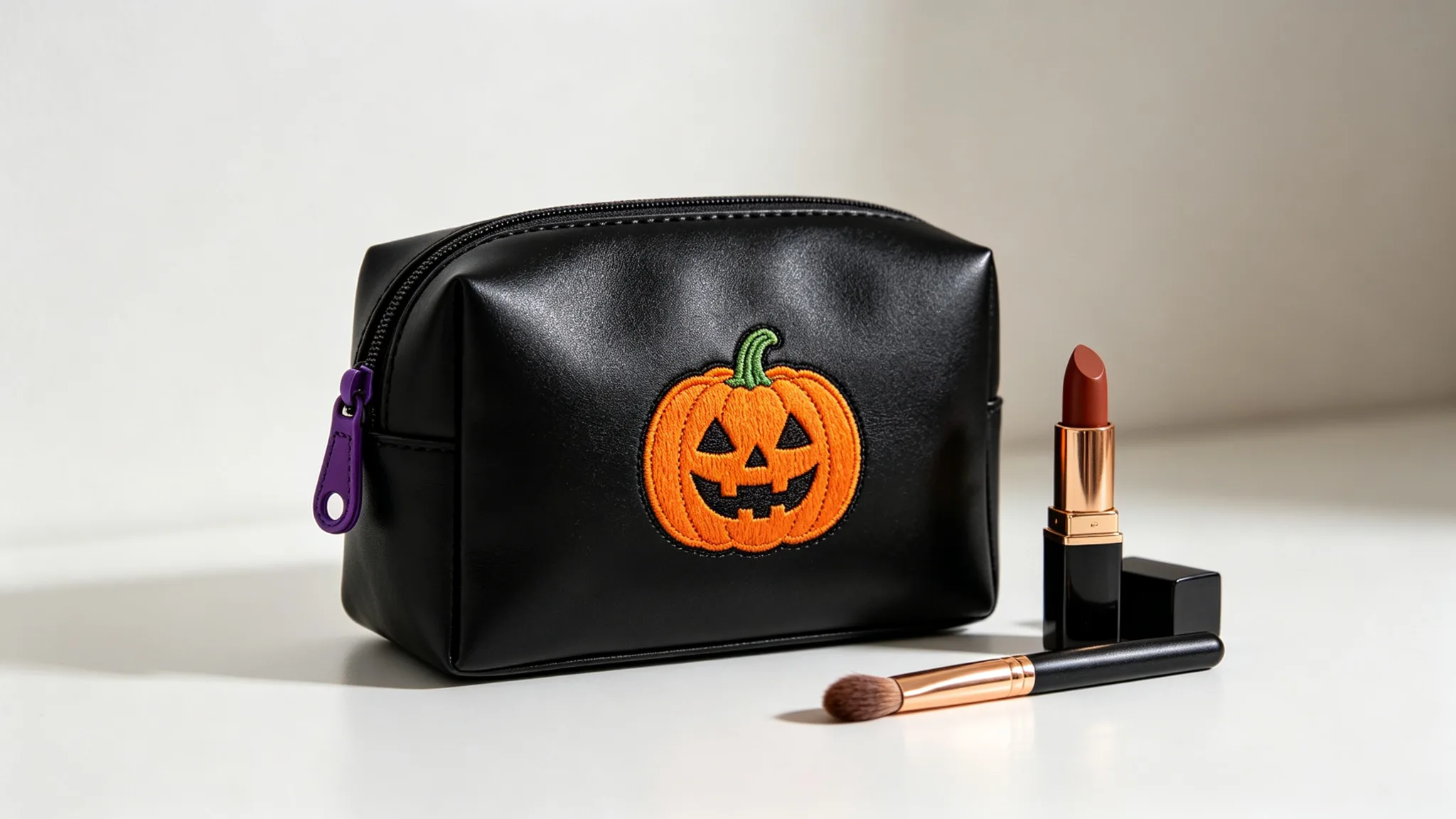 Black PU leather cosmetic bag with embroidered orange pumpkin logo and purple zipper pull beside a makeup brush and lipstick
