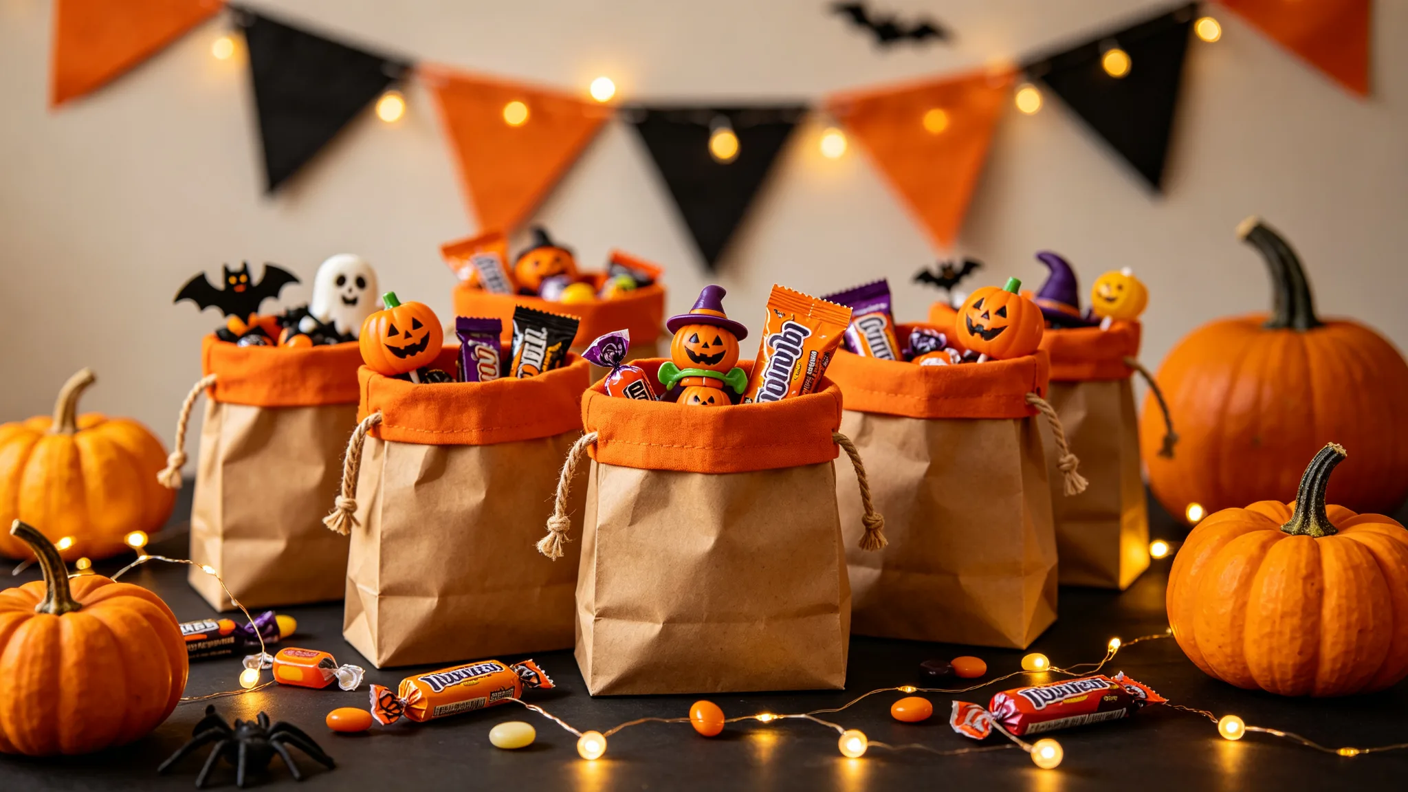 Halloween party table with kraft paper and orange fabric drawstring goodie bags filled with candies, mini pumpkins, fairy lights and bunting