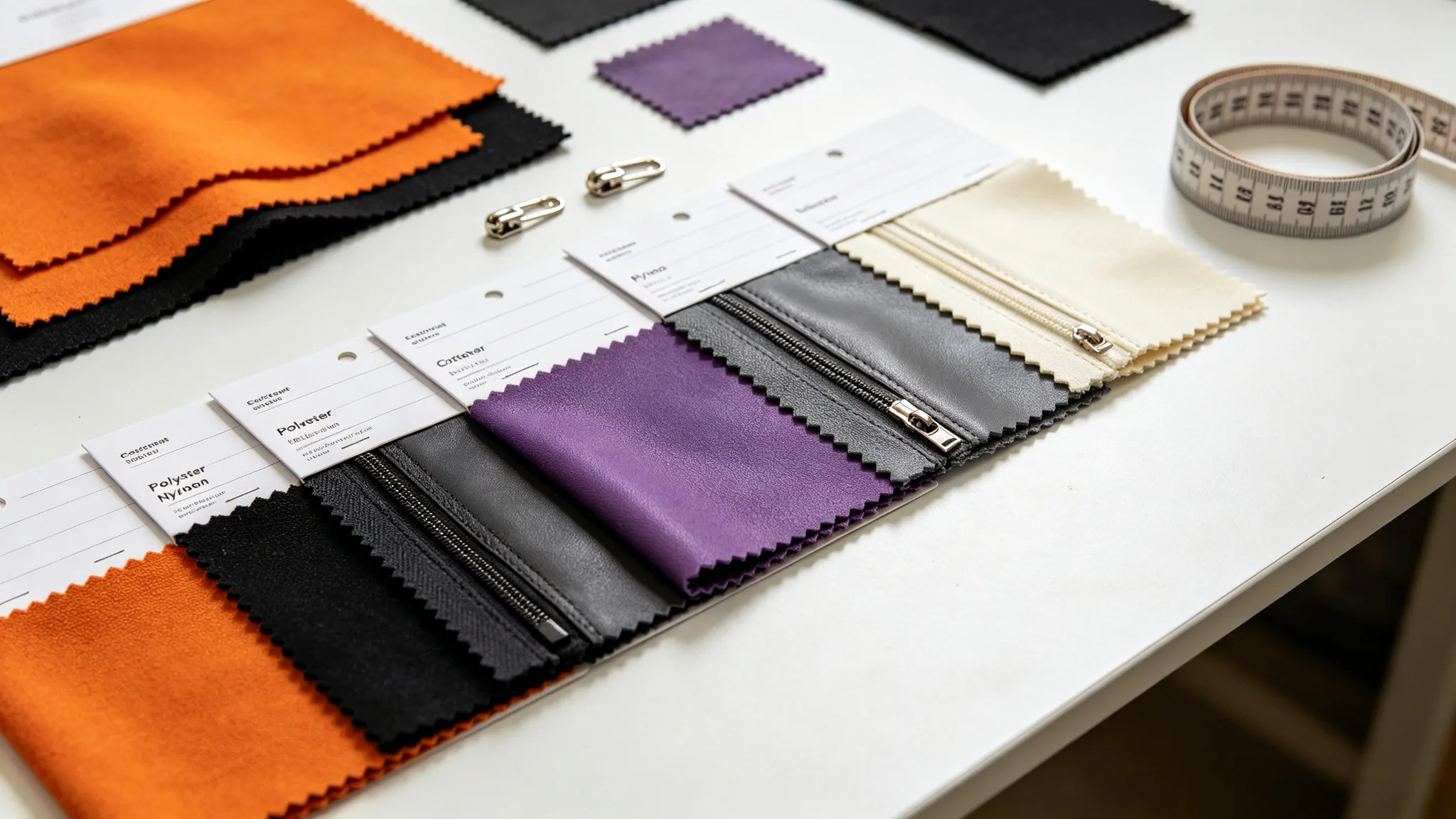 Fabric swatch cards in Halloween colors of cotton canvas, polyester, nylon and PU leather with zipper samples and measuring tape on a cutting table