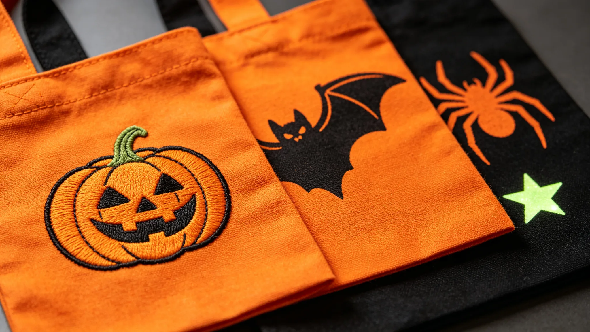 Close-up of Halloween logo craft samples on orange and black fabric: embroidered pumpkin, screen-printed bat, heat-transfer spider, and glow star print
