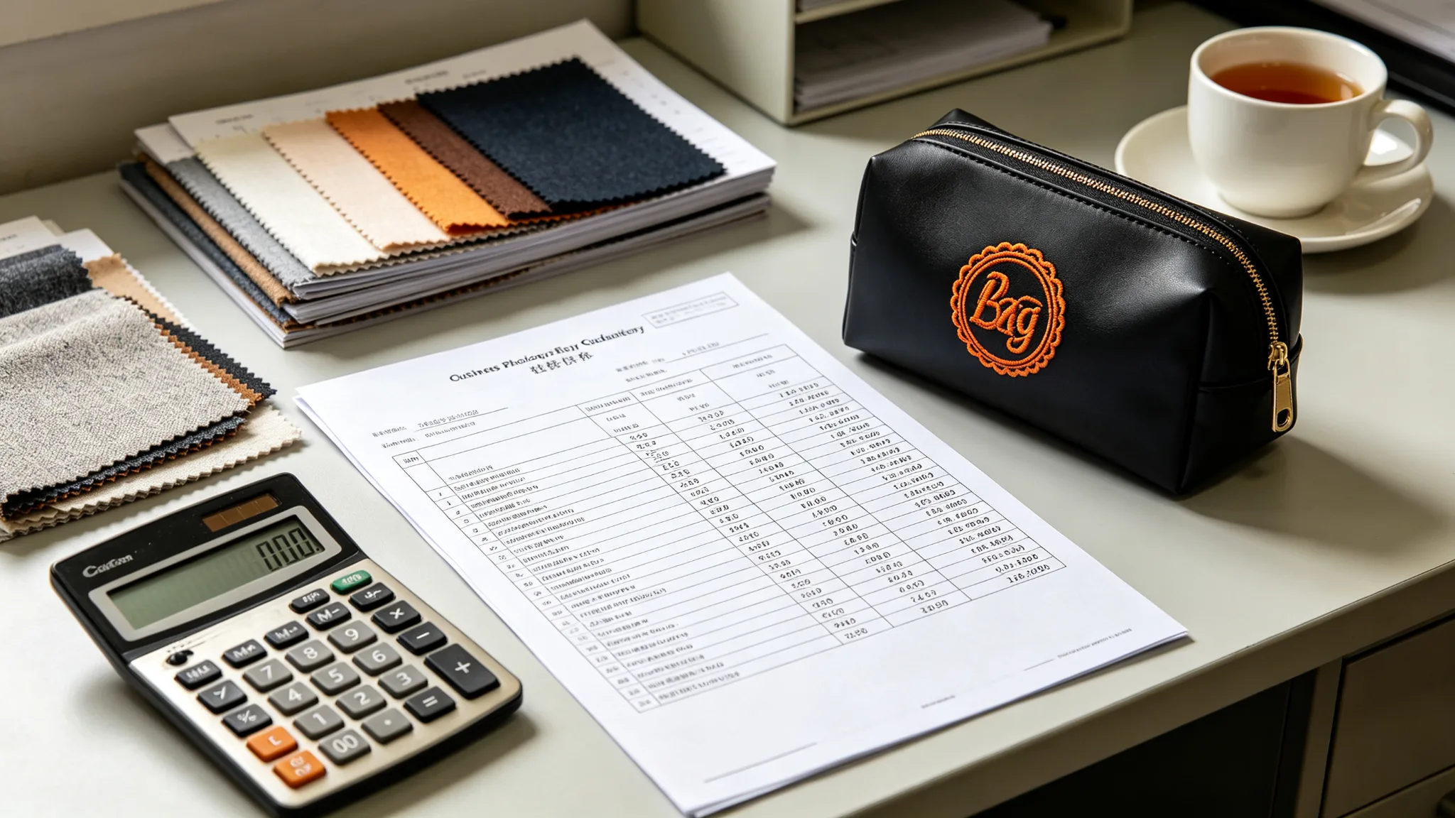Costing engineer's desk with calculator, itemized quotation sheet, fabric swatch books, and a black PU cosmetic bag sample with orange embroidery