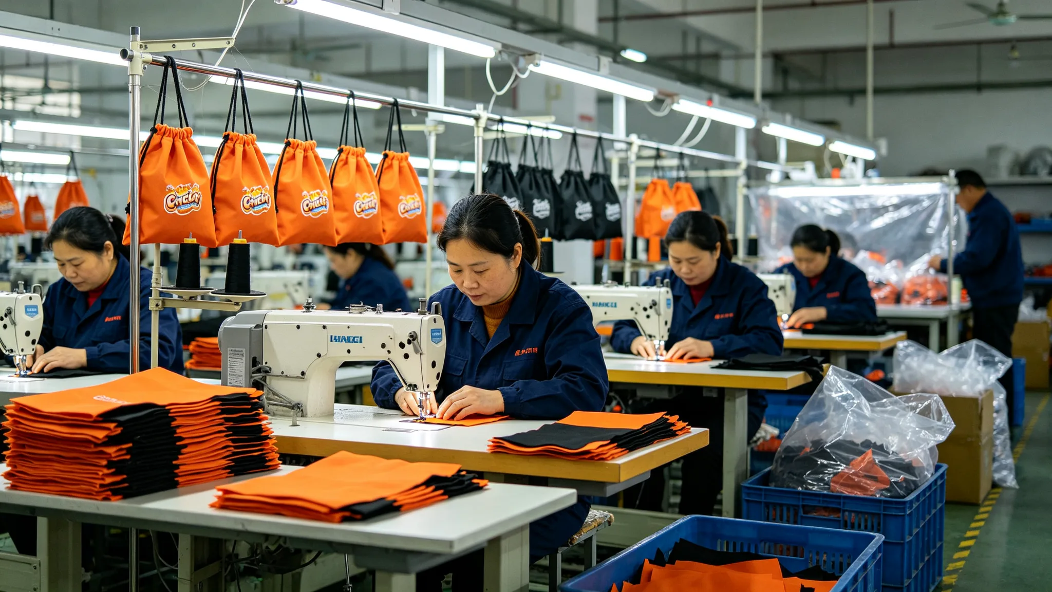 Bag factory production line with workers sewing orange and black drawstring candy bags on industrial machines