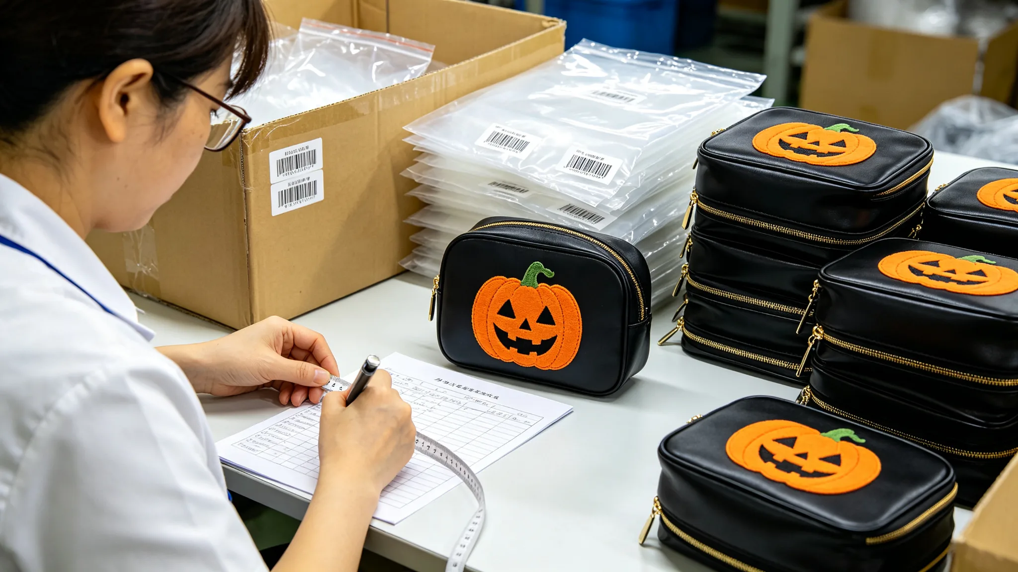 Quality inspector in a bright factory checking stacked black PU Halloween cosmetic bags with orange pumpkin embroidery at an inspection table