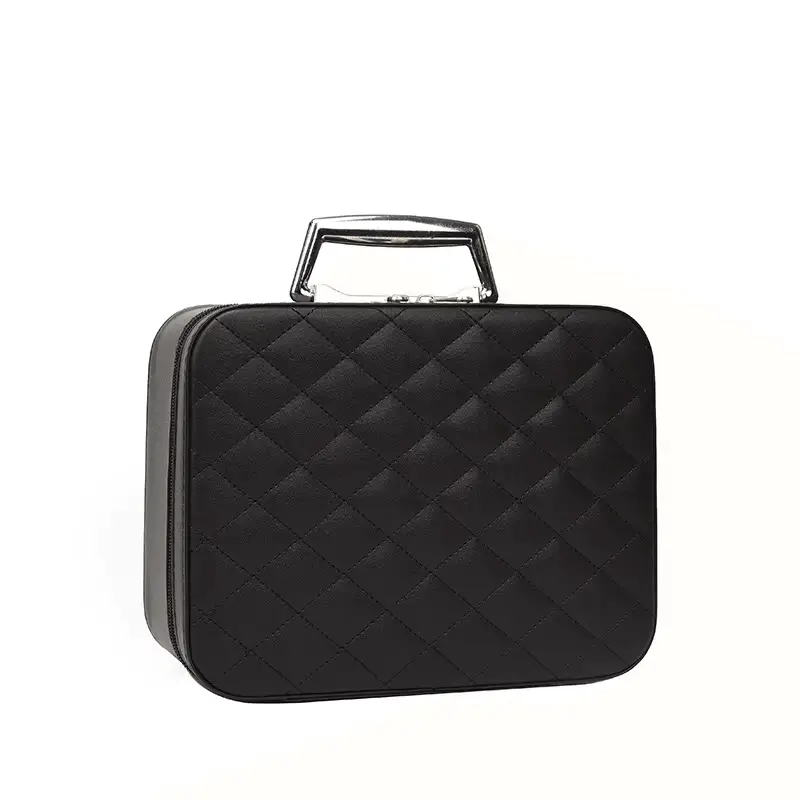 PU cosmetic bag manufacturer - Black rain silk pattern quilted makeup bag with metal handle for custom OEM production