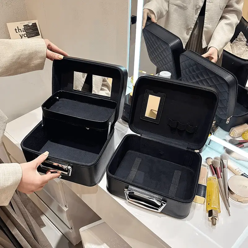 Angled view cosmetic bag - Metal handle detail and rain silk pattern for OEM orders