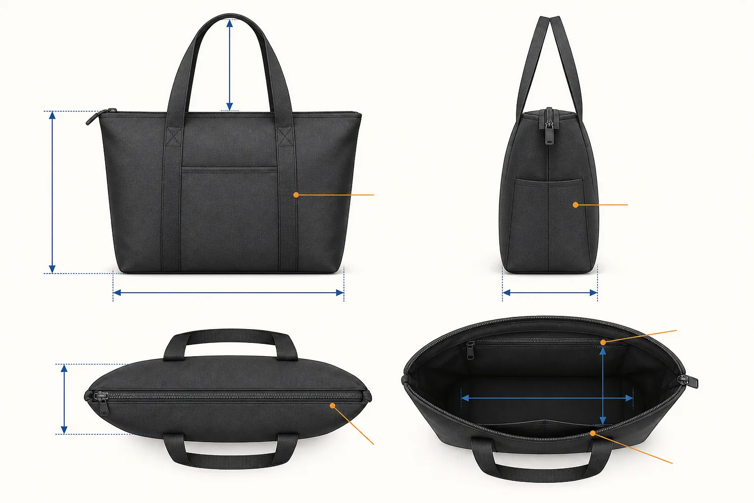 Front, side, top and interior bag views with arrows for width, height, depth, handle drop and internal measurements