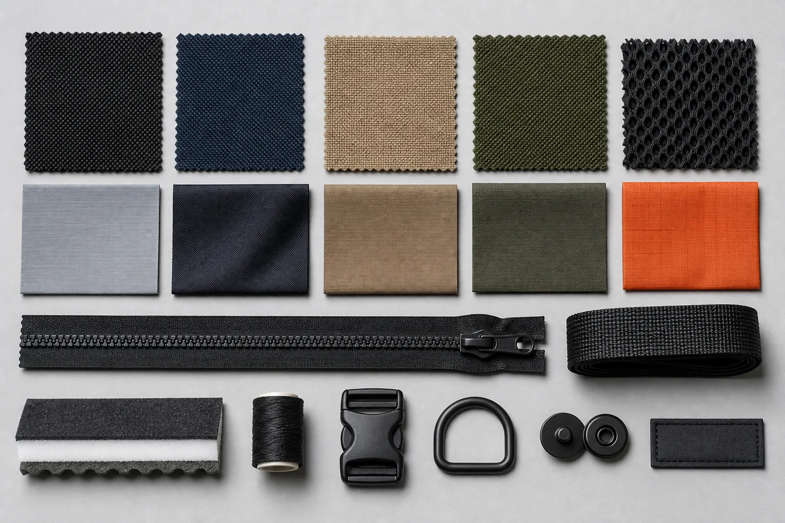Organized bag material and component board with fabrics, mesh, lining, zipper, webbing, foam, buckle, ring, snap and label