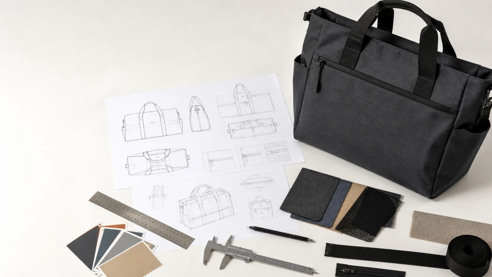 Bag prototype, technical drawings, fabric swatches, ruler and hardware prepared for a manufacturing tech pack review