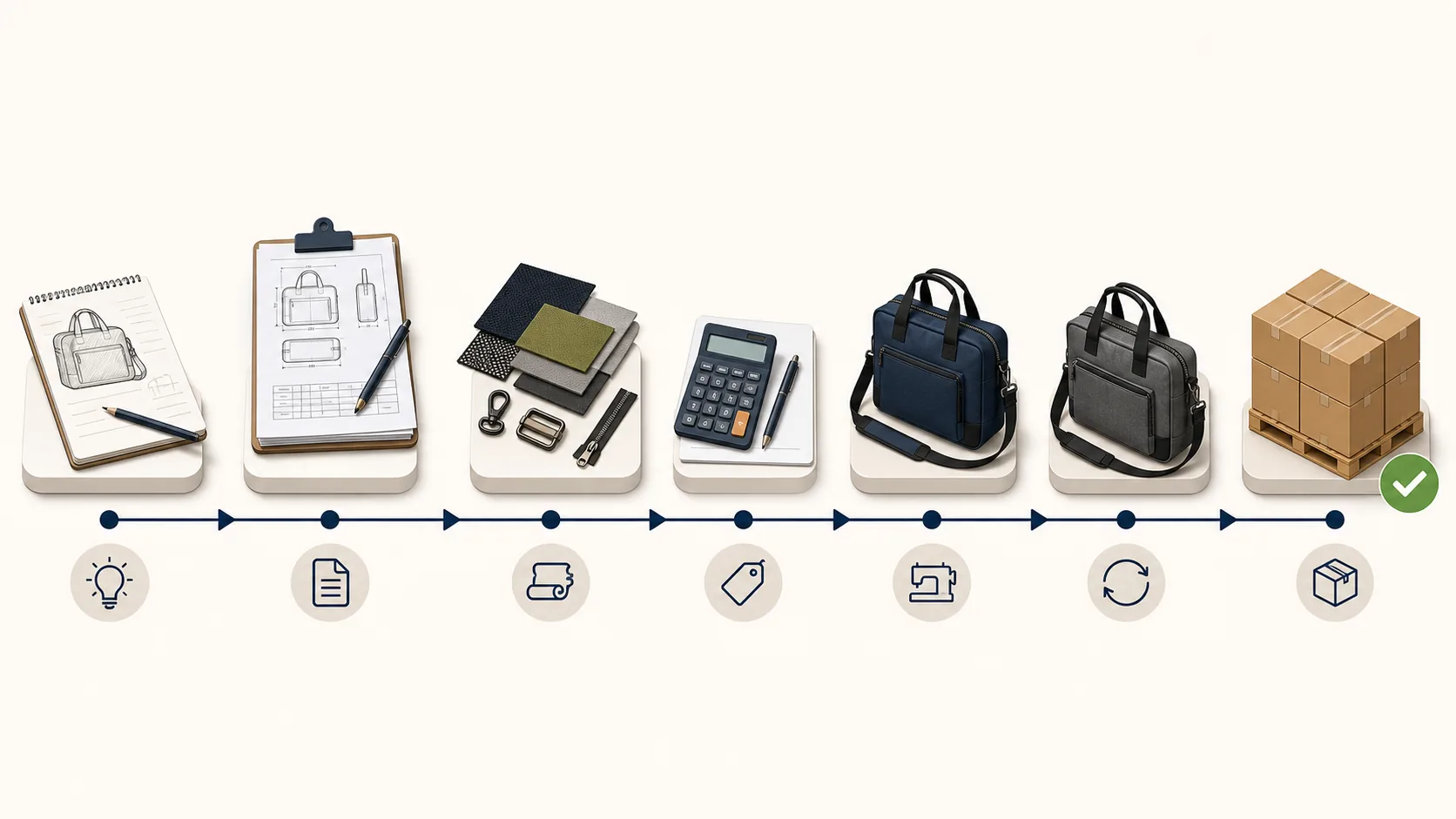 Bag development process from concept and technical specification through materials, quotation, prototype, revision and packed production