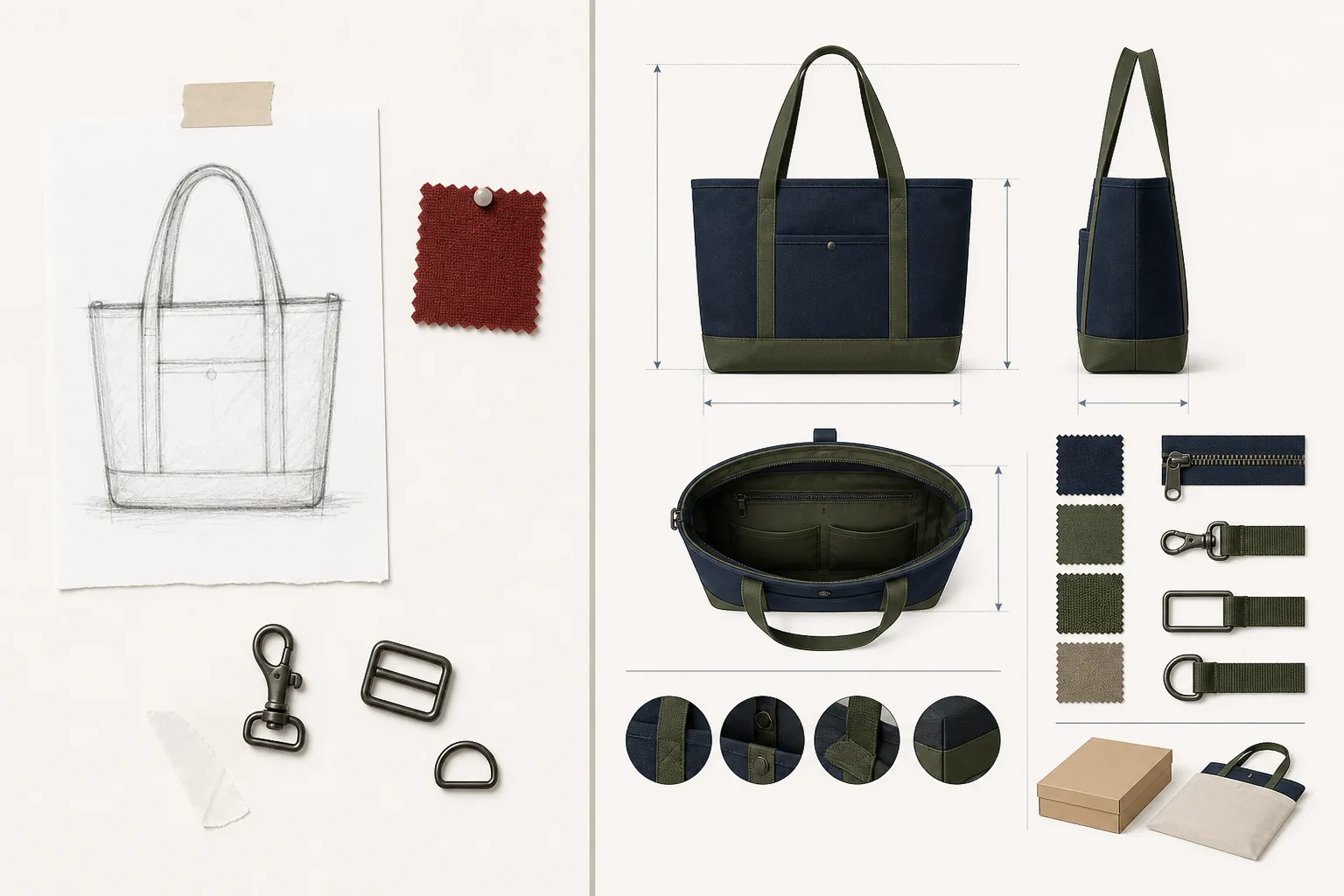 Comparison between an incomplete tote sketch and a structured bag specification with views, dimensions, materials, hardware and packaging