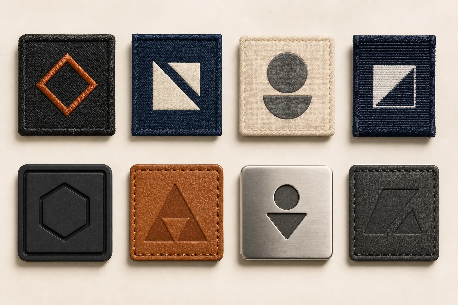 Eight abstract branding samples representing embroidery, print, woven label, rubber patch, leather patch, metal plate and embossing