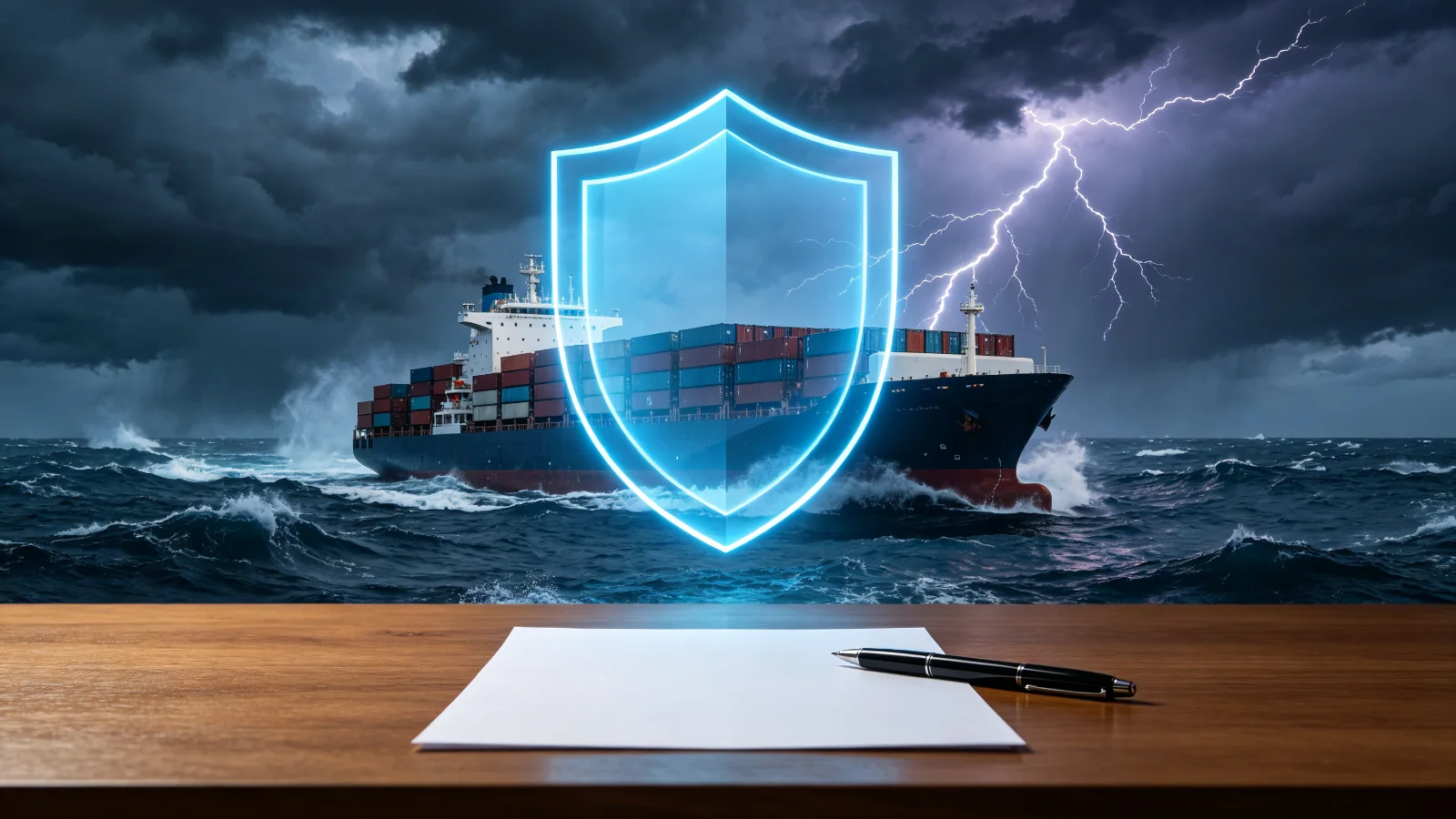 Cargo container ship navigating through stormy ocean waves under dark cloudy skies with lightning, protected by a glowing translucent blue shield, with a document and pen on a wooden desk in the foreground
