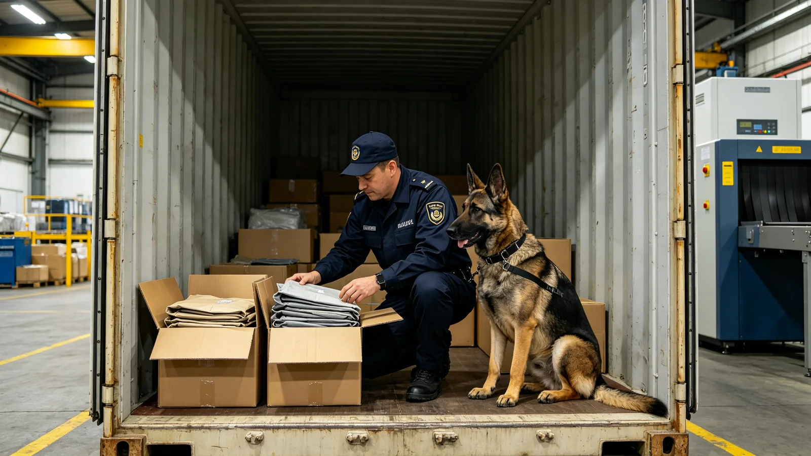 Uniformed customs officer kneeling inside an open shipping container examining open cardboard boxes containing folded bags, with a German shepherd working dog beside him and an X-ray scanner in the background