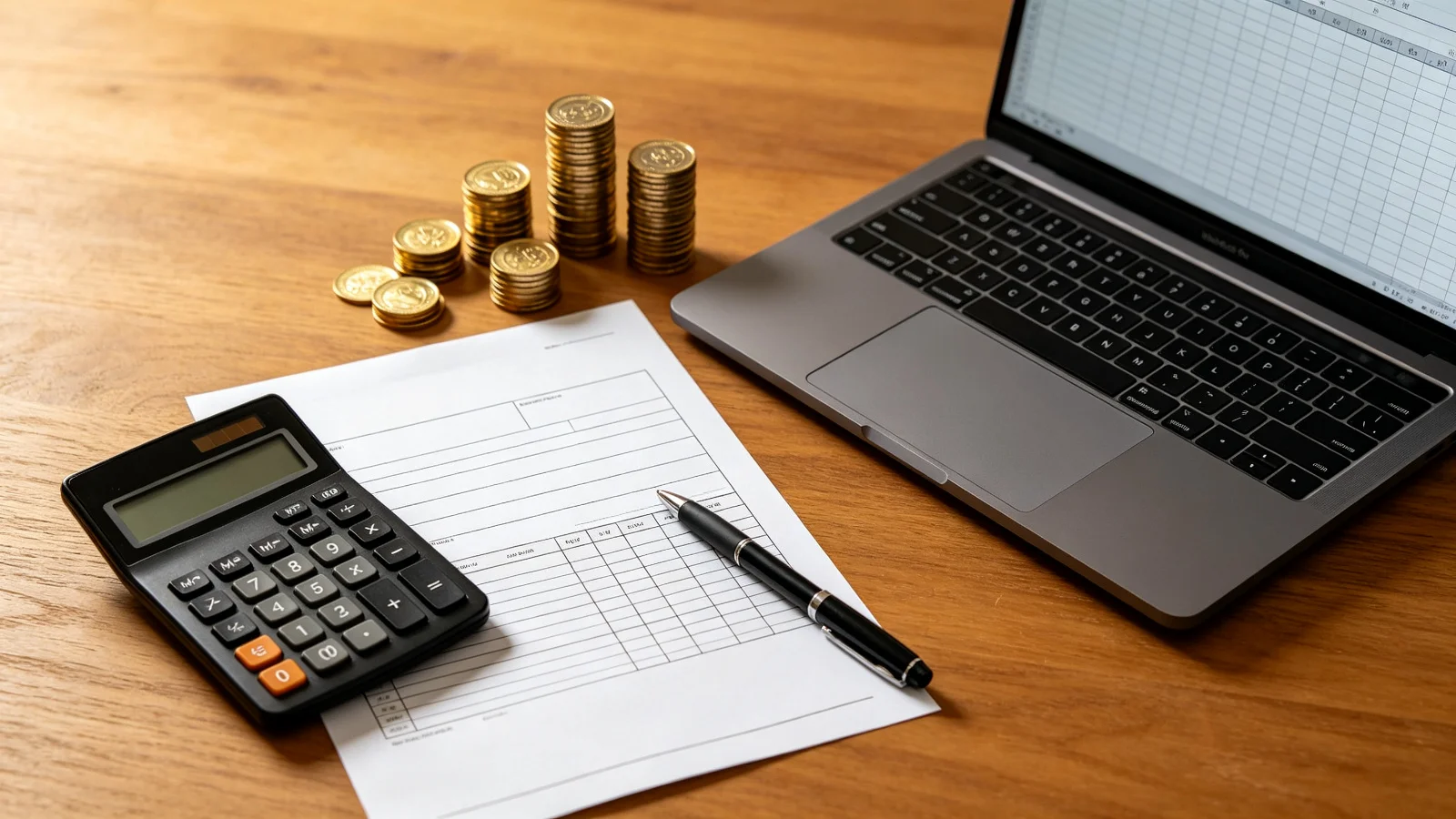 Customs duty calculation workspace with calculator, blank document forms, pen, laptop spreadsheet, and stacks of gold coins on wooden desk