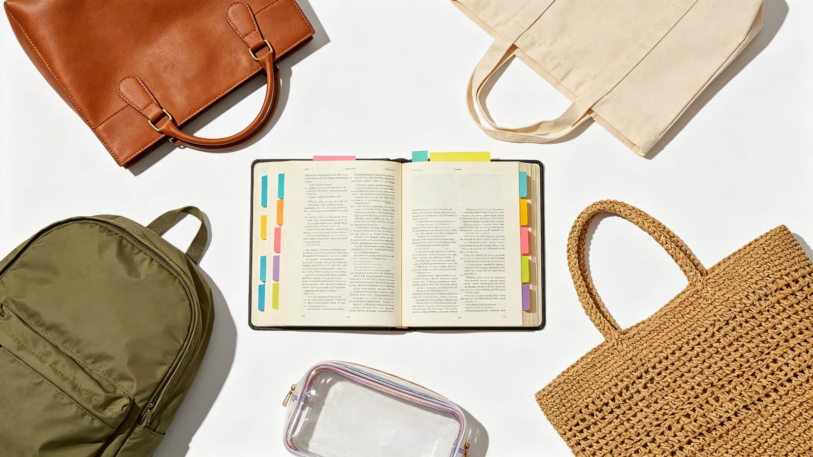 Open reference book with colored tab dividers surrounded by five different bag types: leather handbag, canvas tote, nylon backpack, plastic cosmetic pouch, and woven straw bag