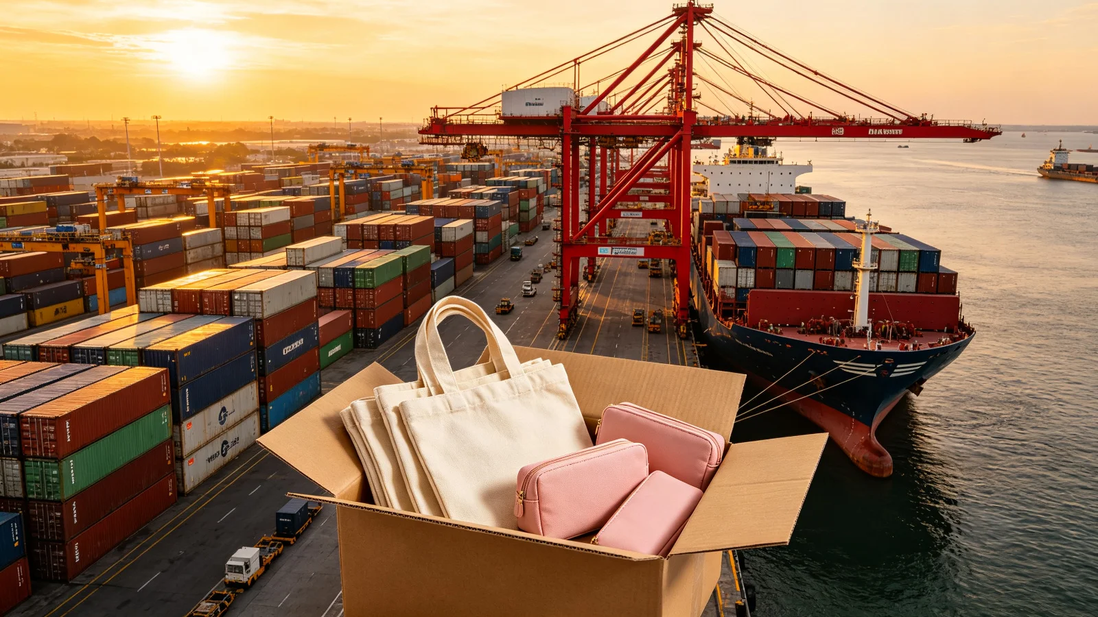 Container shipping port at sunset with open cardboard boxes revealing folded tote bags and cosmetic pouches ready for export