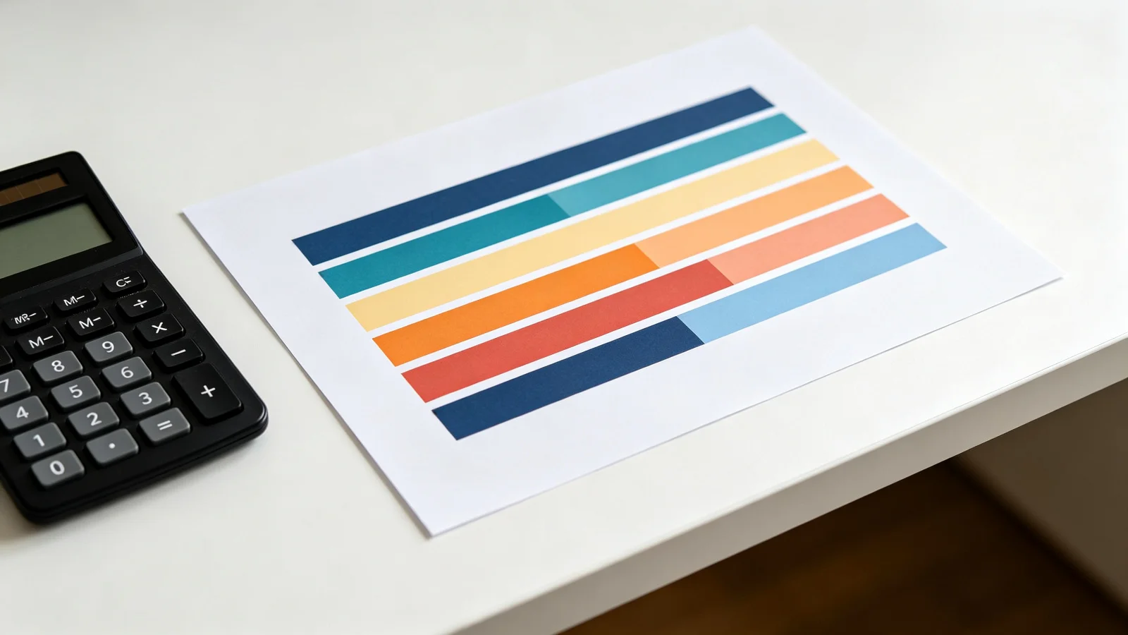 Stacked bar chart on white paper showing landed cost breakdown with seven colored segments, with a black calculator beside it