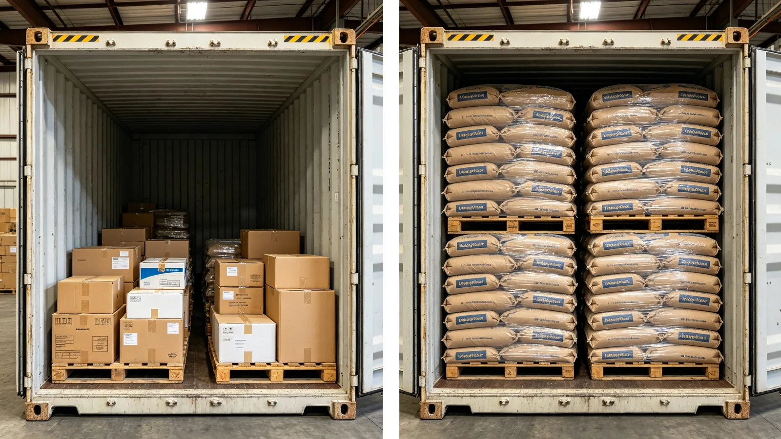Side-by-side comparison: LCL container partially filled with mixed pallets vs FCL container completely filled with uniform bag product pallets