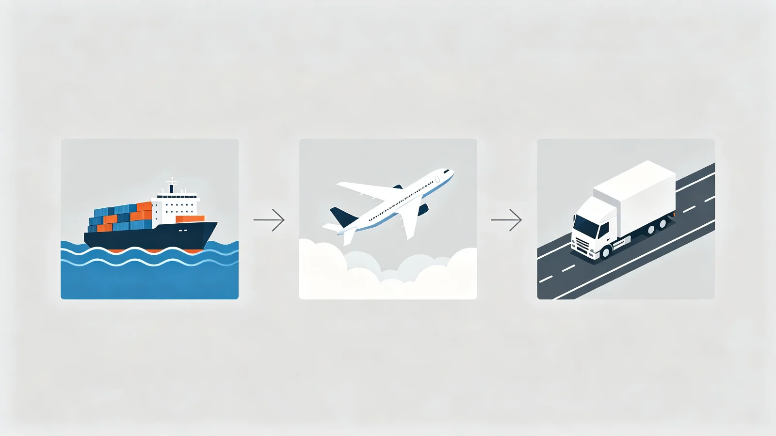 Three shipping methods comparison: ocean freight cargo ship, air freight cargo airplane, and express courier delivery truck