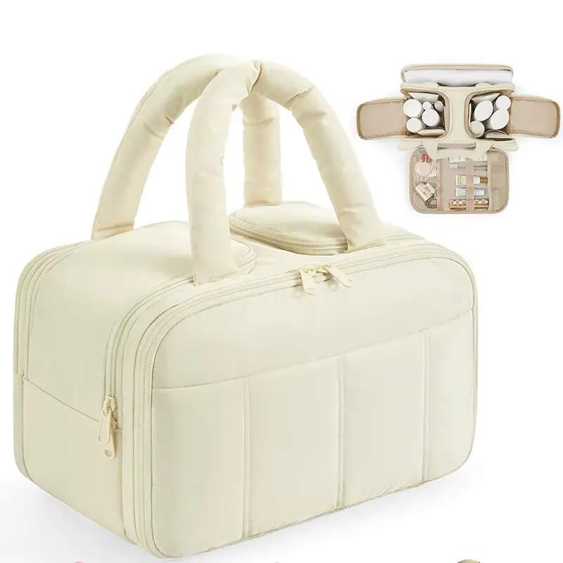 Oxford cosmetic bag manufacturer - Large beige Oxford makeup bag with multiple compartments and padded handle for custom OEM production