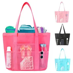 Interior compartments of Large Capacity Mesh Beach Tote Bag with Multiple Pockets
