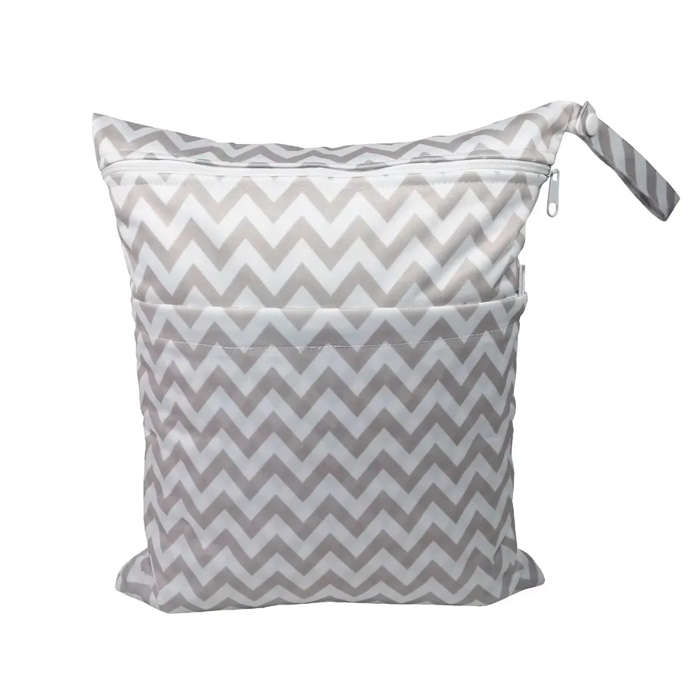 Oxford cosmetic bag manufacturer - Gray & white chevron pattern Oxford makeup bag with exterior pocket for custom OEM production