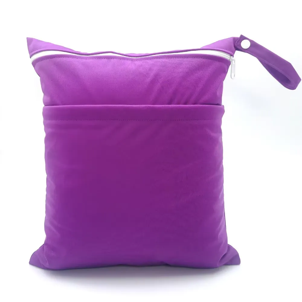 Solid purple Oxford bag - Professional manufacturing with exterior pocket and white contrast zipper for wholesale beauty accessory production