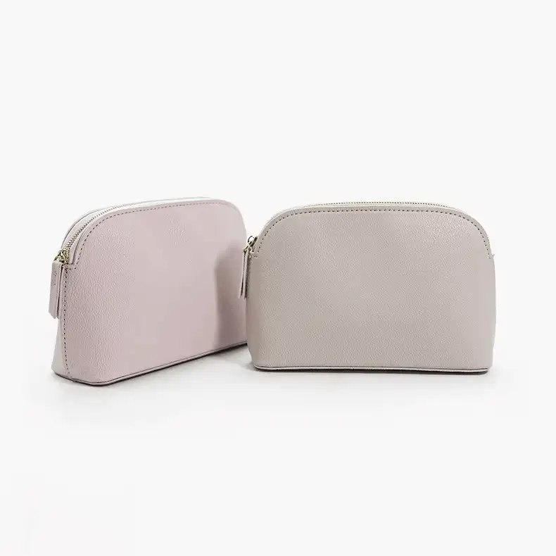 Leather shell bag set detail - Pink and beige colors for wholesale beauty accessory production