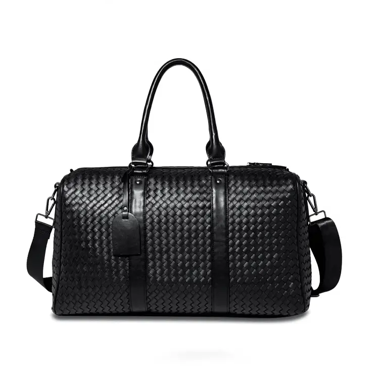 Woven leather weekender bag manufacturer - Black woven leather with dual handles and sophisticated design for luxury travel OEM production