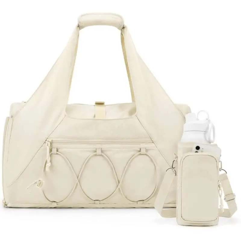 Lightweight polyester gym duffel bag manufacturer - Cream color with matching water bottle pouch for OEM sports bag production