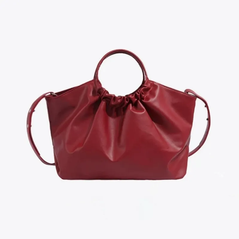 PU tote bag manufacturer - Maroon ruched tote with round handles for custom OEM production