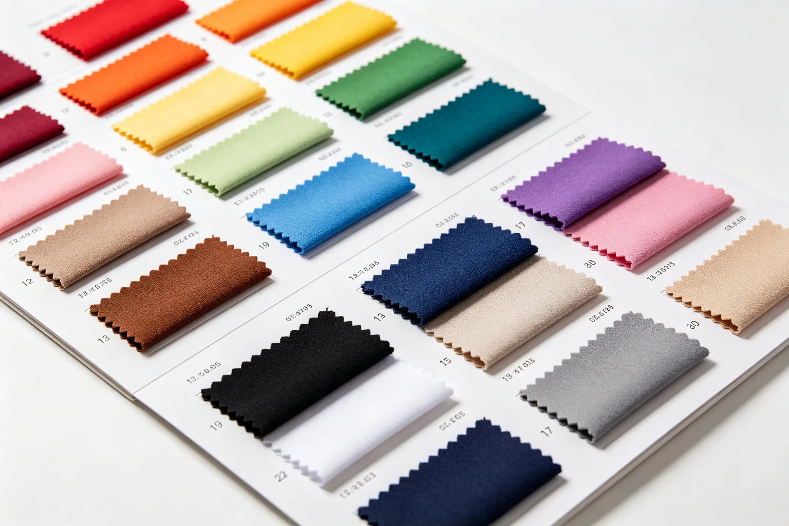 Professional fabric color swatch card book showing 20+ fabric samples in rainbow colors