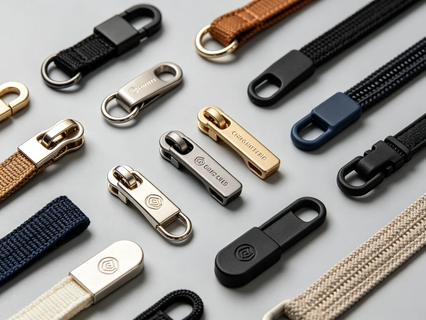 Various bag zipper pullers in metal, plastic rubber and woven fabric styles